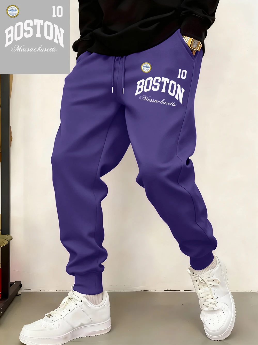 

Boston Massachusetts Printed Sweatpants Mens Casual Fleece Warm Jogger Pants Winter Pocket Trousers Basics Loose Male Streetwear