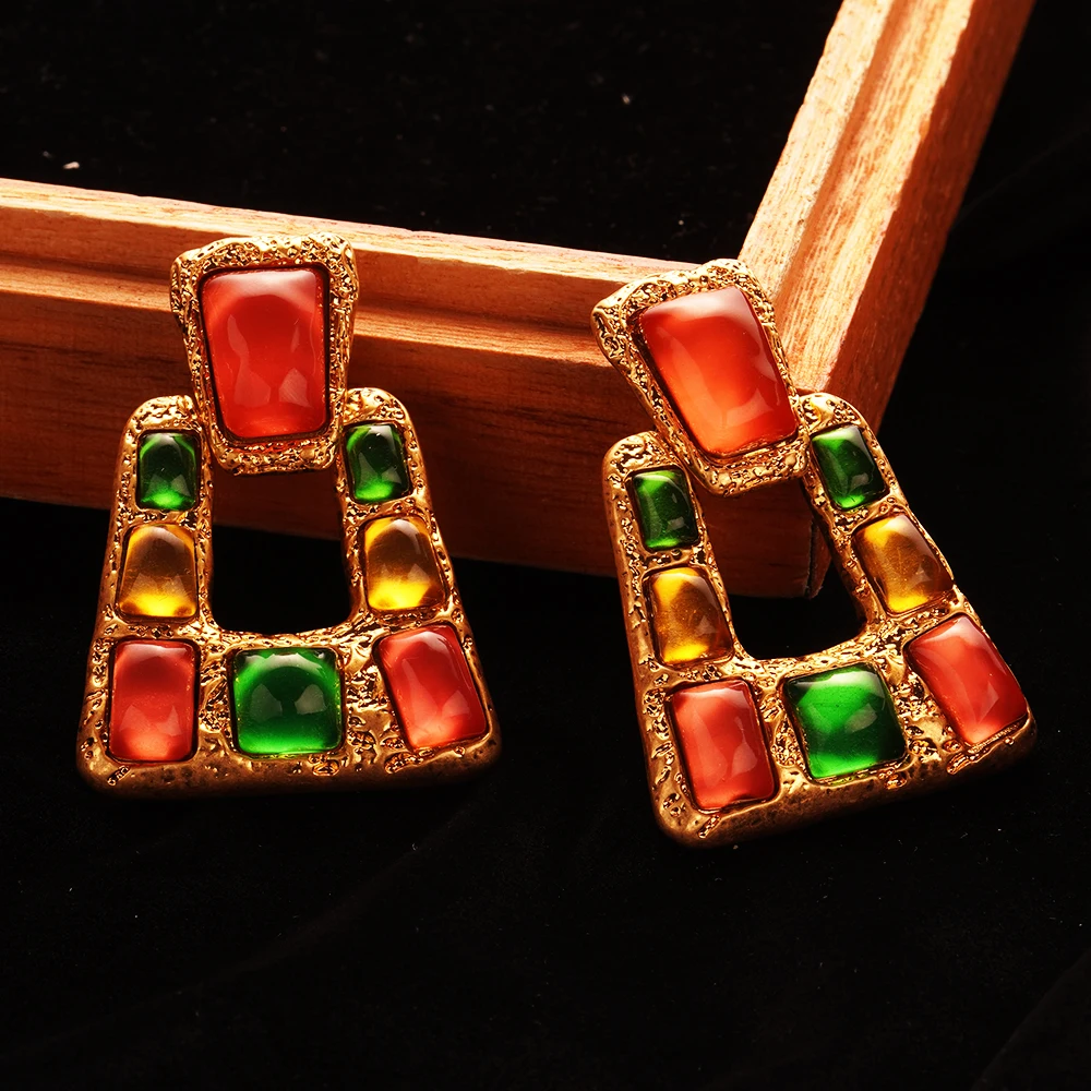 

Metal Earrings with Trapezoidal Medieval Design Emerald Ruby Heavy and Luxurious Queen Cleopatra of Egypt Style