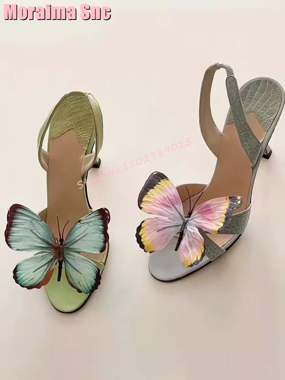 Sandalias de Punta abierta redondas con decoración de mariposa única, tacón alto de aguja con correa trasera, colores mezclados, zapatos de moda para mujer, banquete de verano