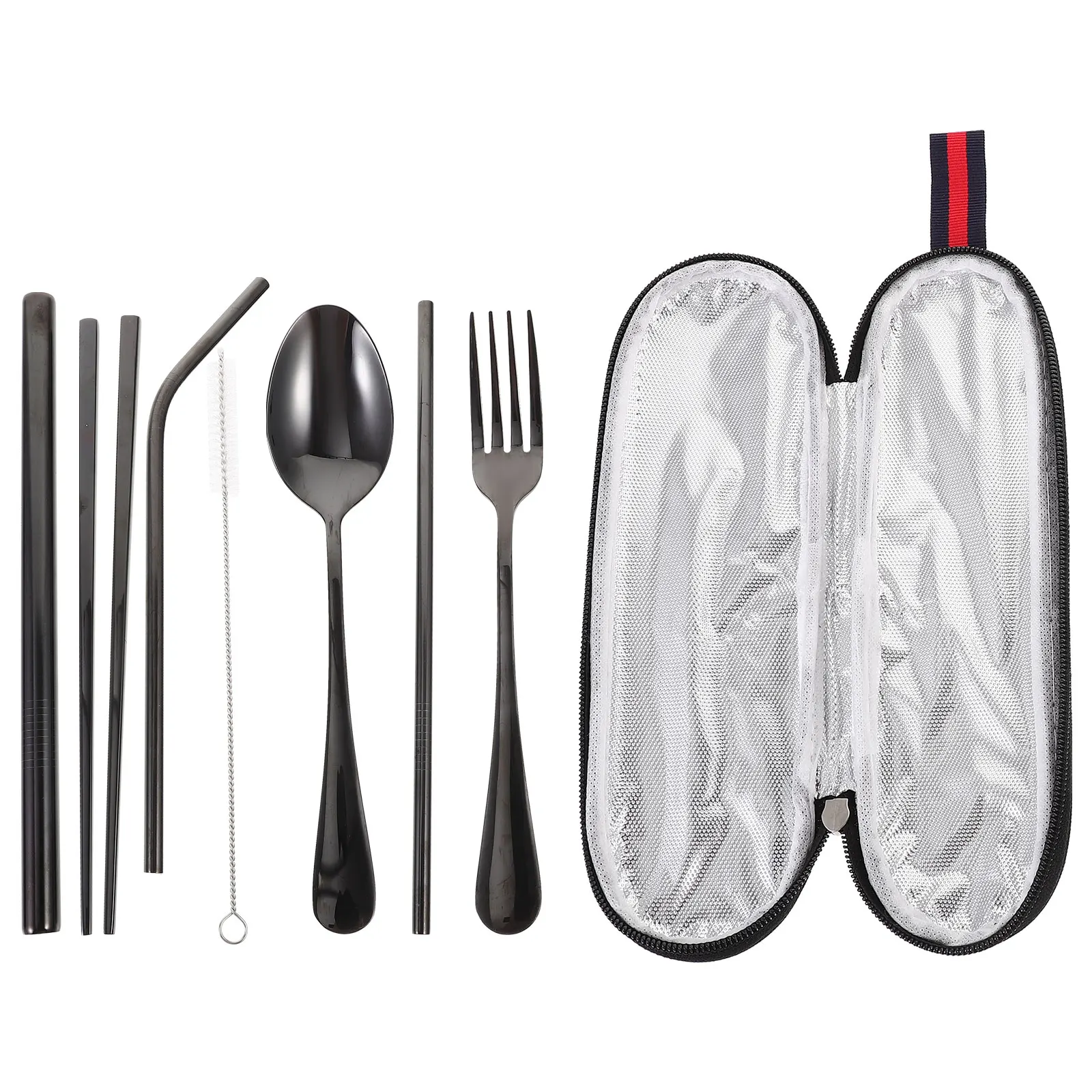 

7 Pieces Stainless Steel Travel Tableware Set Portable Camping Outdoor Black Gray Straw Fork Spoon Chopsticks Cleaning Brush