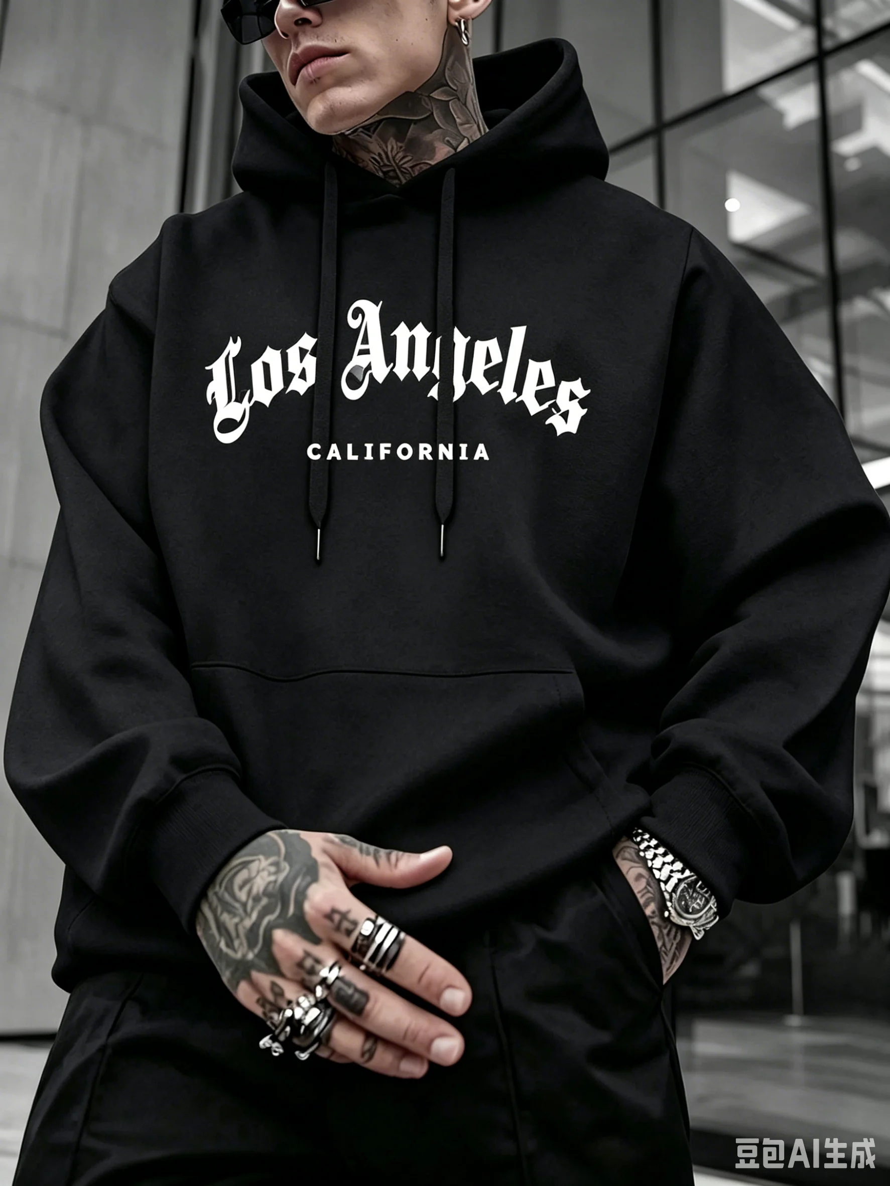 Hoodie Men Vintage Gothic Los Angeles Letter Graphic Pullover Sweatshirt Casual Street Style Autumn Winter Hooded Sweat Top