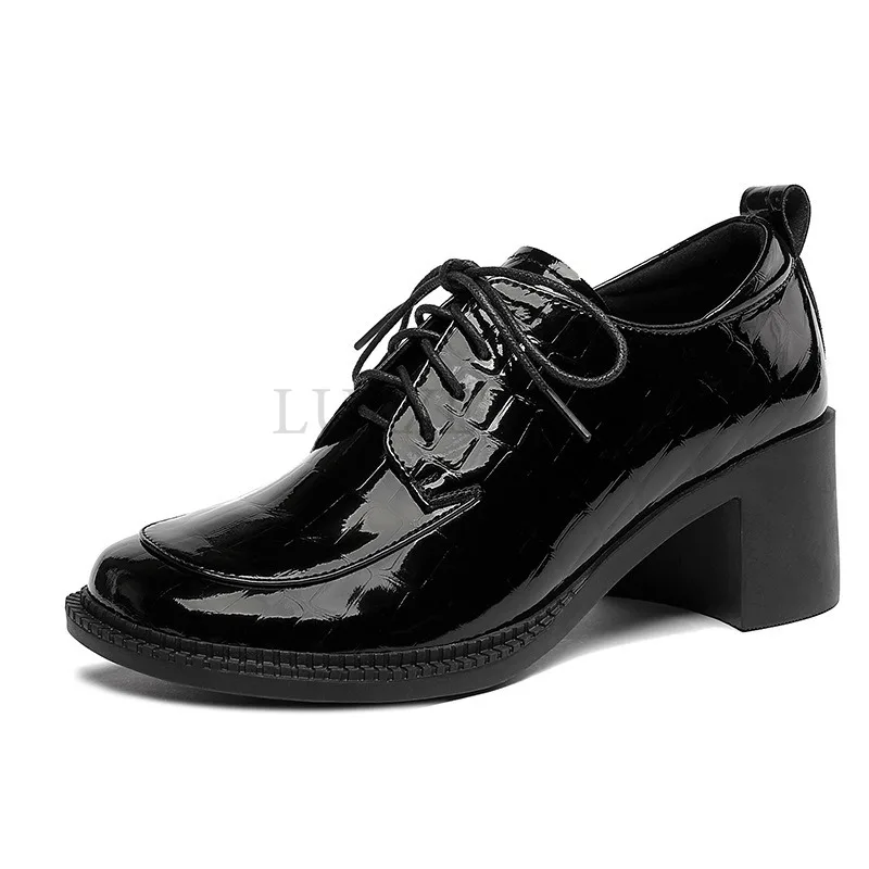 Genuine Leather Thick Root Round Head Glossy Women Loafers Patent Leather High Heels Fashion Street Photos Formal Shoes