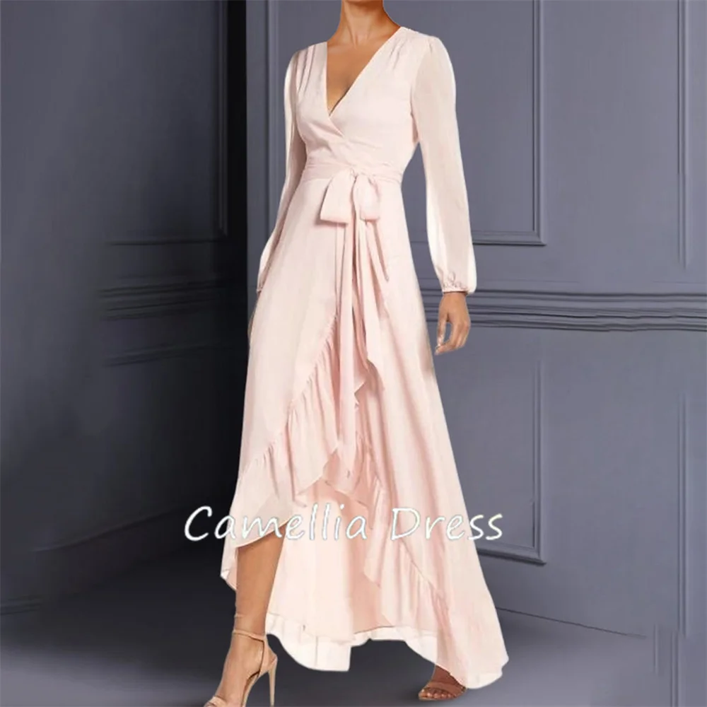 New V Neck Mother Of The Bride Dress A-Line Knee Length Long Sleeves Chiffon Formal Dresses Vestidos Mae Da Noiva Casamentos