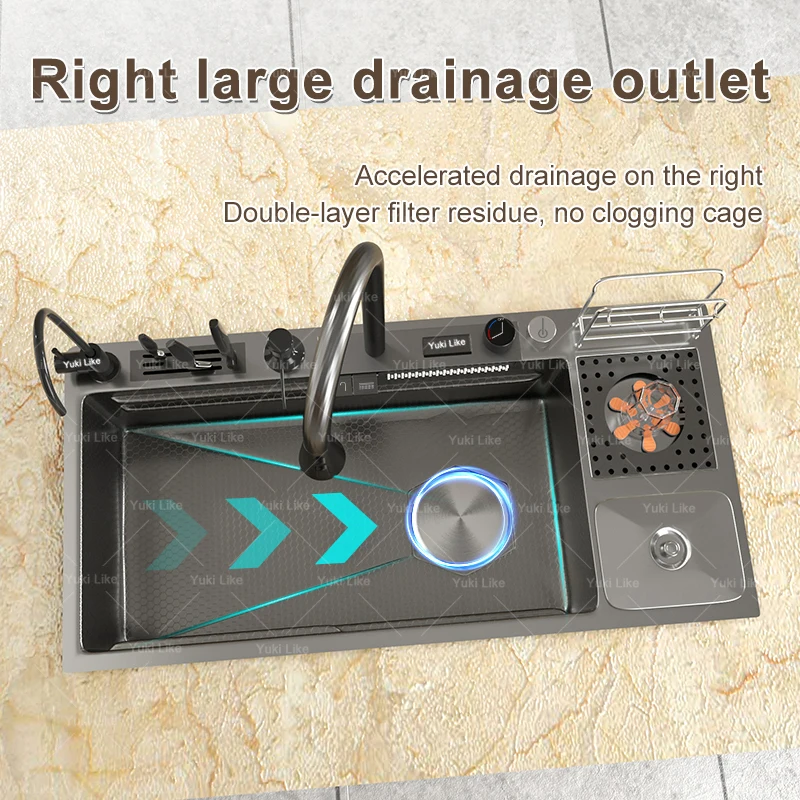 アップグレードされたキッチン モダン スマート ナノ ステンレス製シンク ウォーターフォール デジタルディスプレイ シンク ゴミ箱付き カウンター上キッチン用