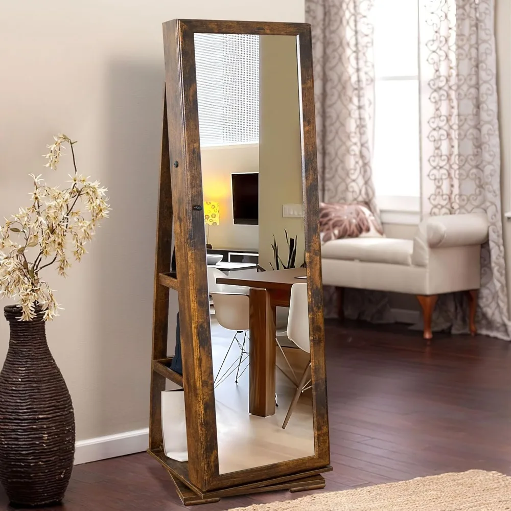 

Lockable Floor Standing Wooden Jewelry Armoire with Full Length Mirror 360°Rotatable Jewelry Organizer Cabinet