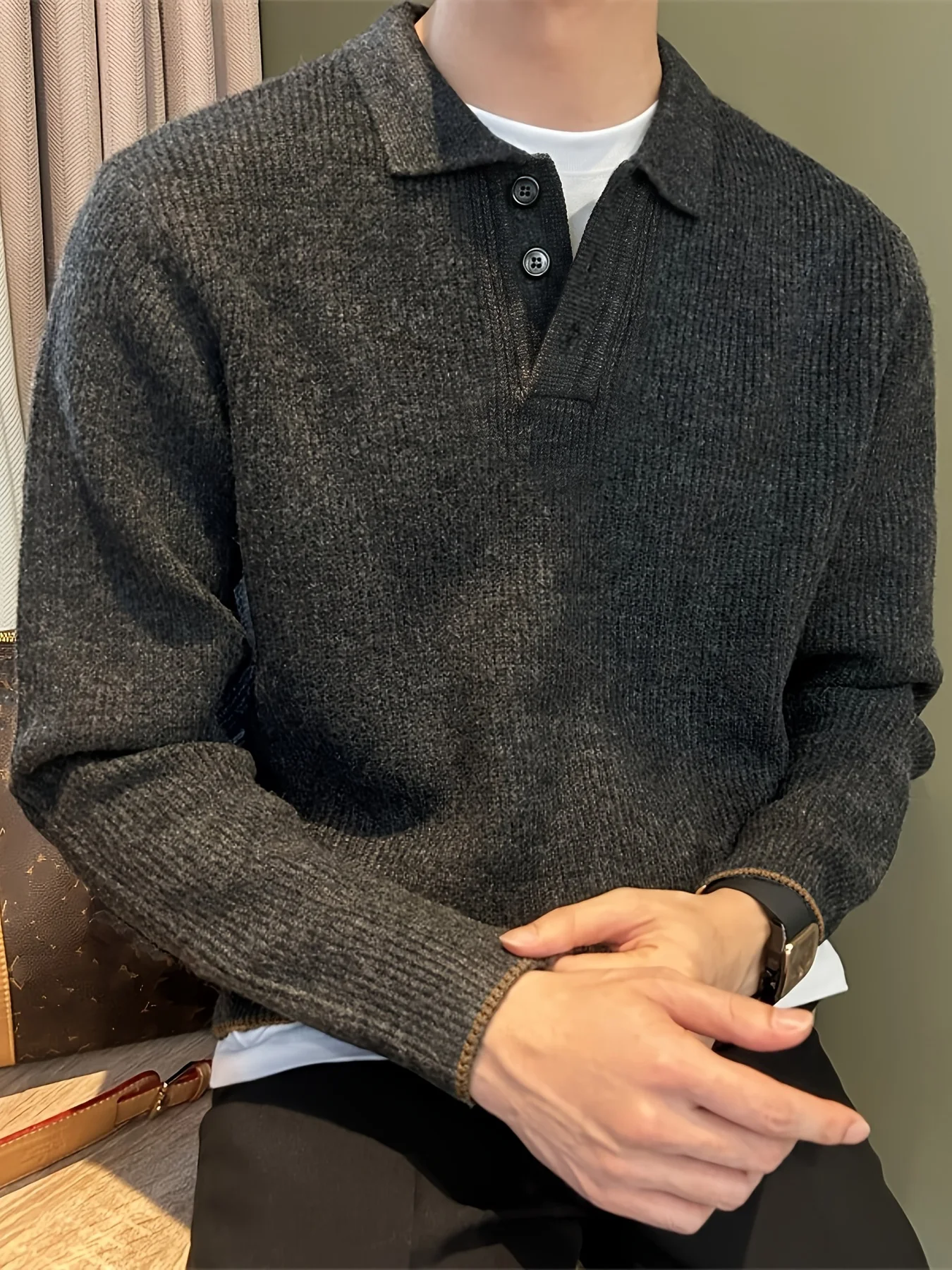 Herren-Polokragen-Strickpullover, Herbst-Winter, Langarm, Knopfleiste, gerippte Textur, lässig, Business, Pendler, einfarbig, Revers – Detail 4