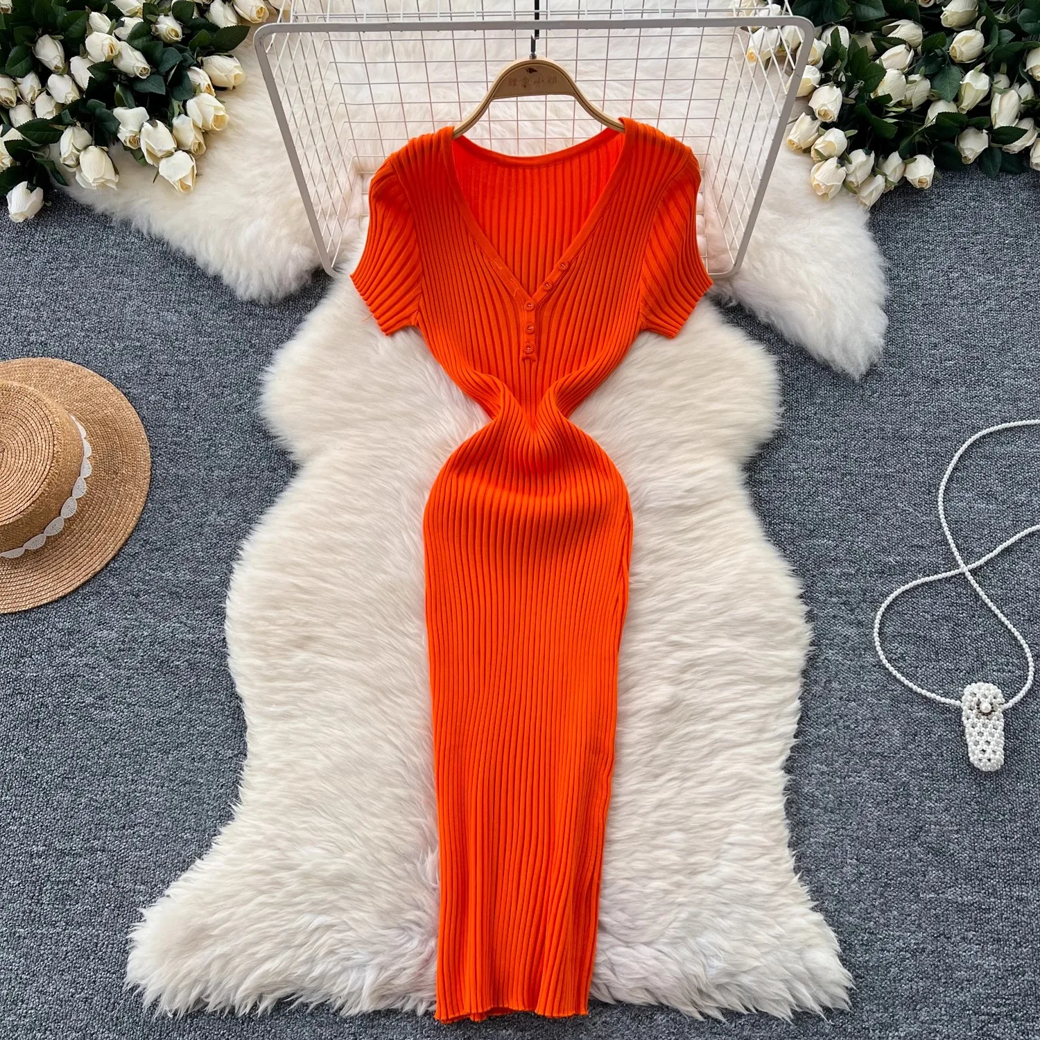 YuooMuoo Chic Fashion V-neck Brilliant Knitted Summer Dress Women Slim Elastic Sexy Package Hips Bodycon Dress Streetwear Outfit