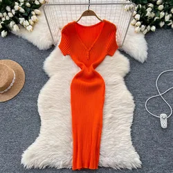 YuooMuoo Chic Fashion V-neck Brilliant Knitted Summer Dress Women Slim Elastic Sexy Package Hips Bodycon Dress Streetwear Outfit