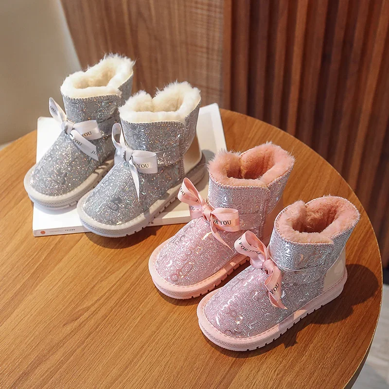 Grils Snow Boots  2022 Winter Kids Fashion Brand Princess Ankle Warm Fur Shoes Toddler Cute Bowtie Glitter Water proof Platform