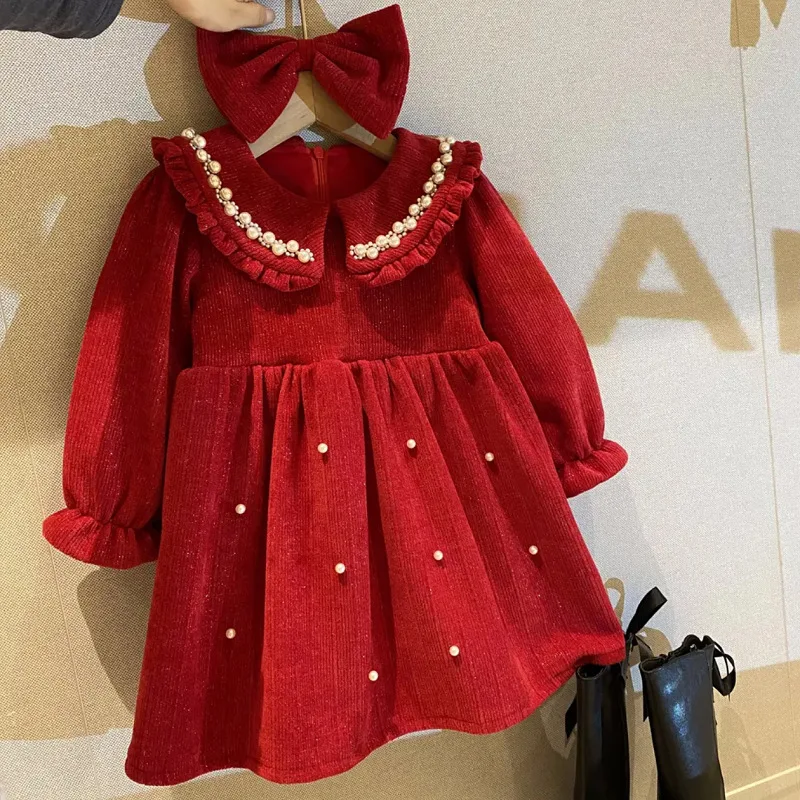 Girls' Winter New Style Baby Girls' Bow Chenille Velvet Princess Dress Shiny Elegant Dress New Year Dress