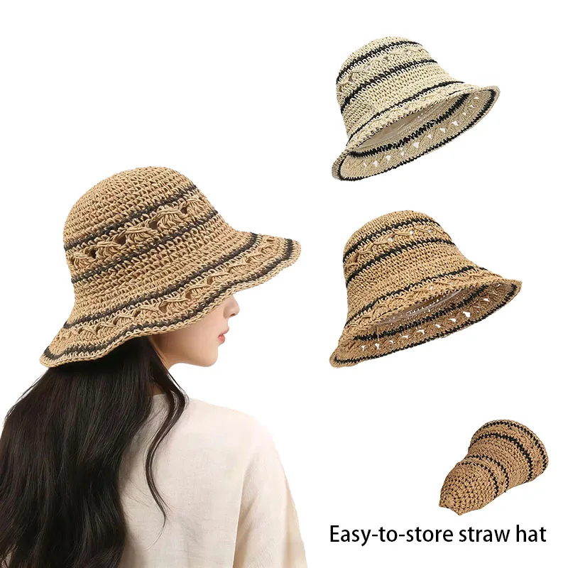 

Summer Sweet Forest Style Color-Block Hollow Straw Hat / Thin Breathable Sunshade Sunscreen Wide Brim Hat for Beach Travel