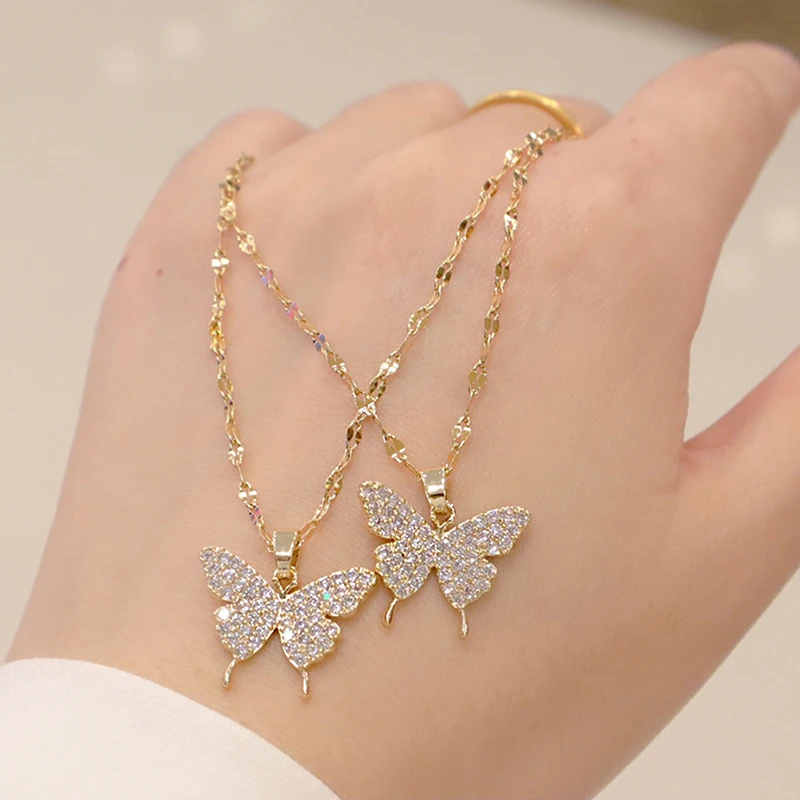 Women Butterfly Necklace With Zircon Shining Clavicle Chain Party Gift For Ladies Fashion Jewelry Accessories