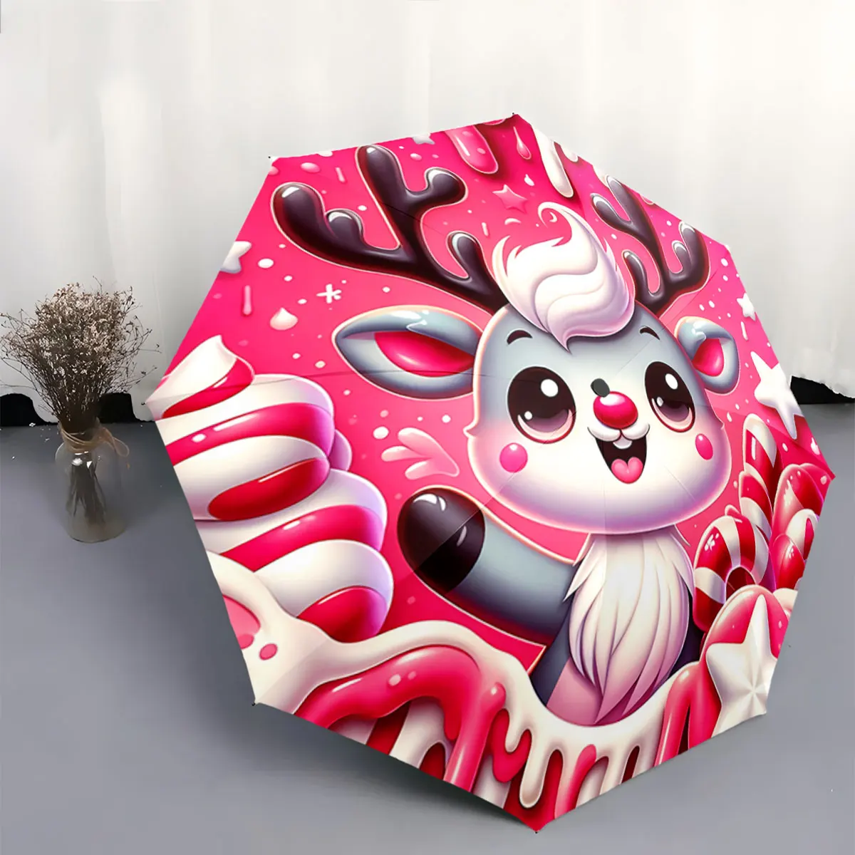 Cute Reindeer with Candy Canes on Pink Background portable waterproof sun rain umbrella for outdoor travel beach