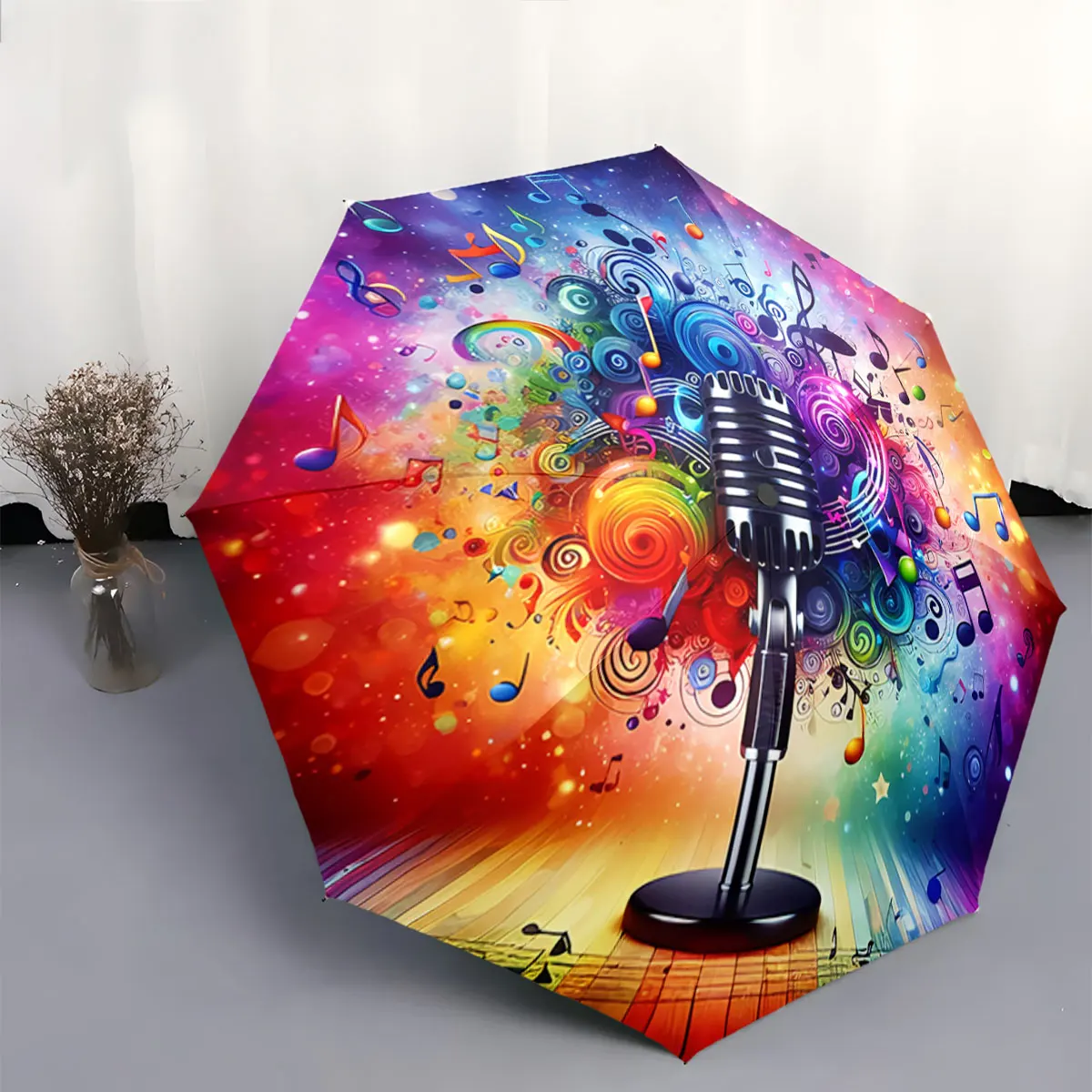 Colorful Retro Microphone with Music Notes and Swirls portable waterproof sun rain umbrella for outdoor travel beach