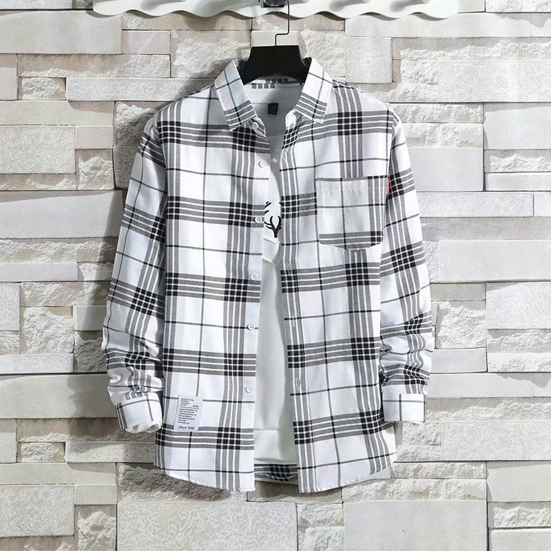 Long-sleeved plaid shirt for men summer loose everything big size thin ice silk shirt wear port wind coat tiktok internet celebr