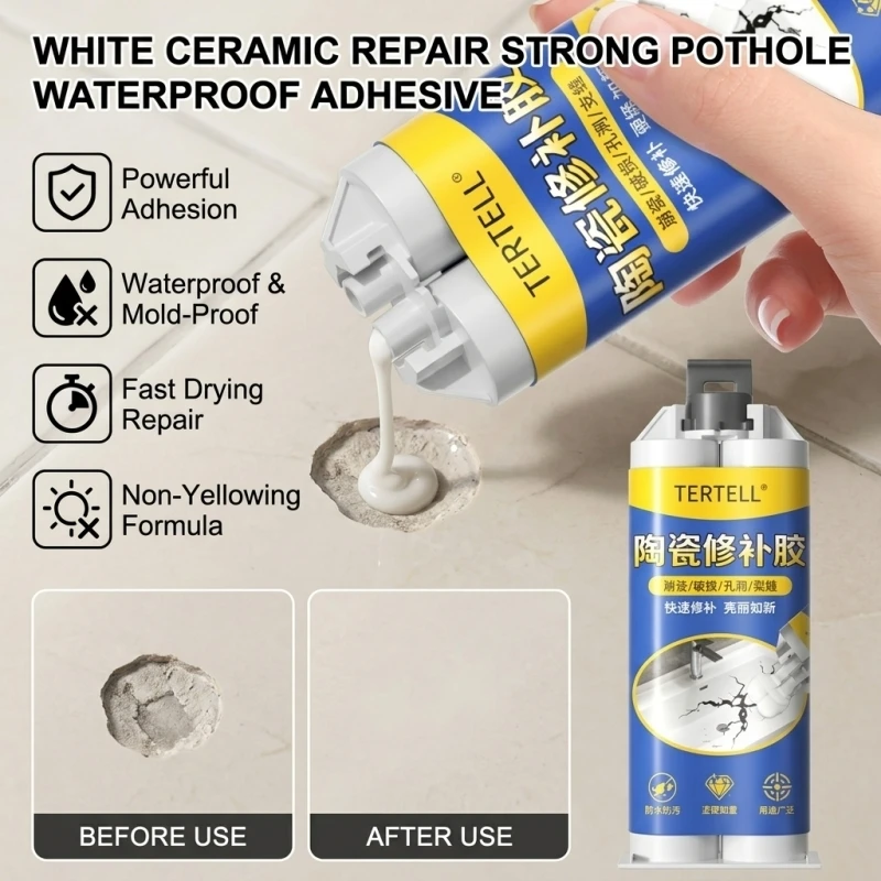 White Ceramic Crack Repair Adhesive Strong Waterproof Tile Leakage Damage Repair Agent for Toilets,Bathtubs,Kitchen Countertops