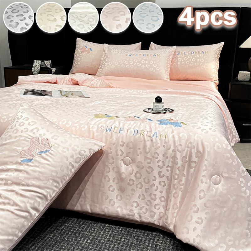 4pcs Cooling Summer Quilt Set Cartoon Leopard Print Silk Bedding Breathable Cool Touch Air Conditioning Quilt for Sofa Queen Bed