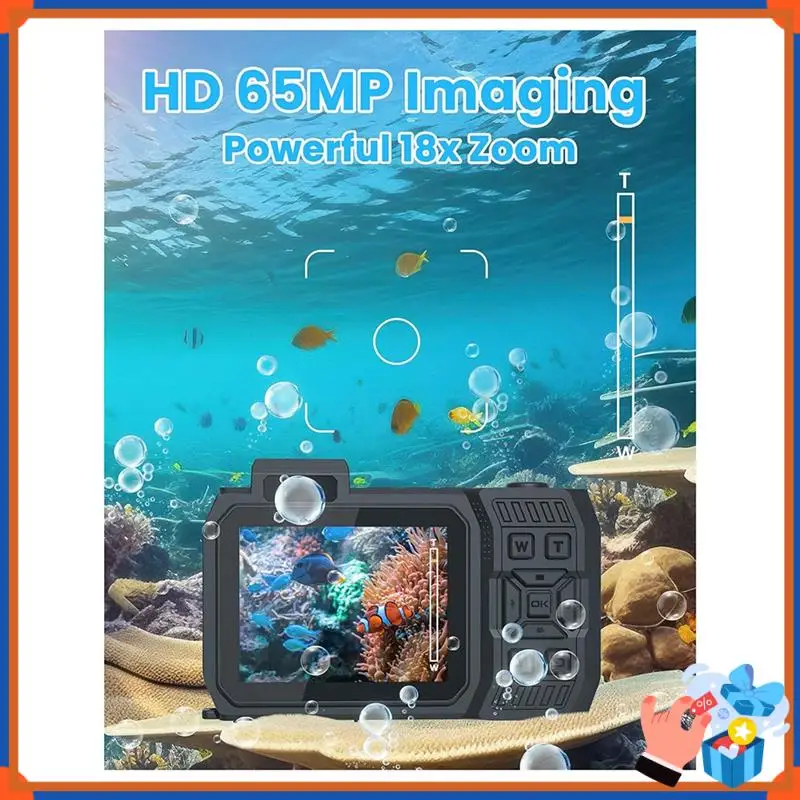 

Compact Waterproof Camera 4K 65MP Underwater Camera With 64G Card, For Snorkeling Autofocus Selfie Dual-Screen