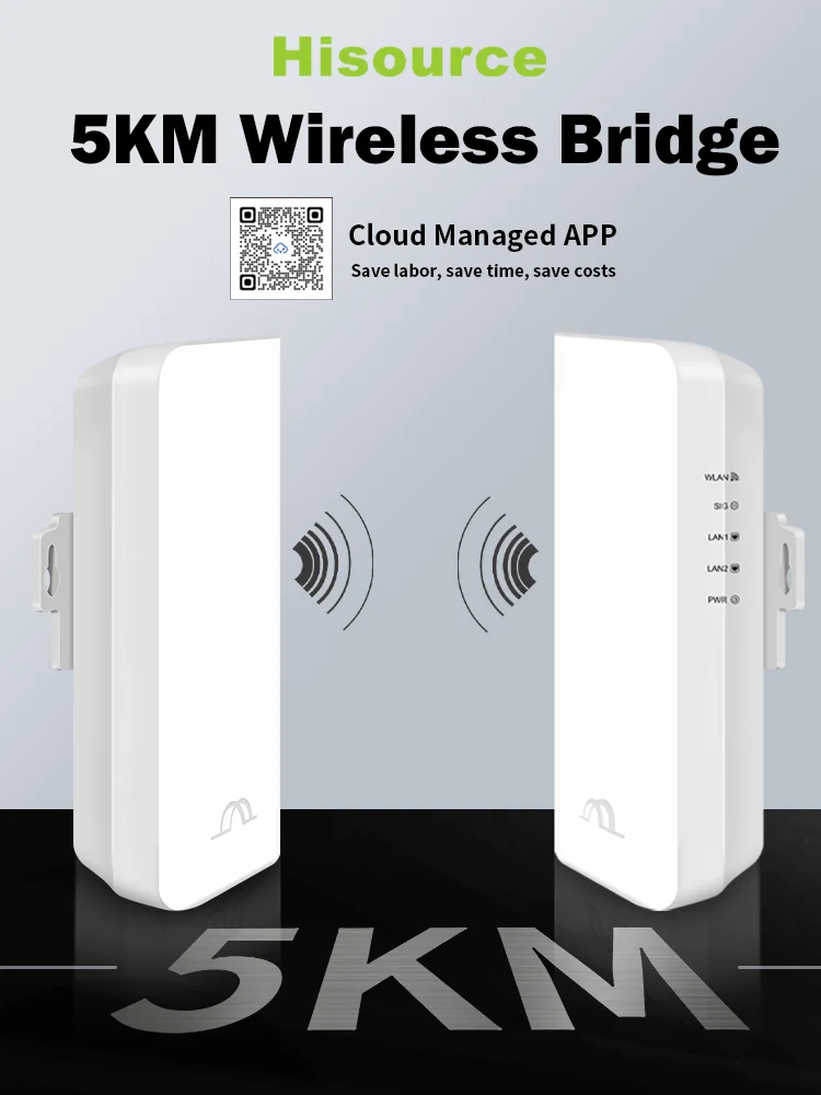 Hisource 5.8G Wireless Bridges with 10/100Mbps LAN Port 5KM Long Range WiFi Bridge Point to Point Support 24V 48V and DC Power