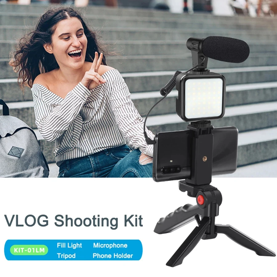 DSLR Camera Phone Vlog Tripod Vlogging Kit for Phone Interview Live YouTube Phone Holder Remote Control Microphone LED Light