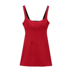 YENKYE Sexy Women Cut Out Satin Mini Dress O Neck Sleeveless A-line Red Dresses Female Christmas Party Vestidos
