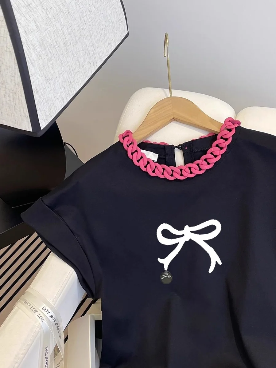 

Футболка ort Sve с креативным принтом, женская летняя повседневная круглая футболка Ne, модный, с цепочкой Personali, дышащая