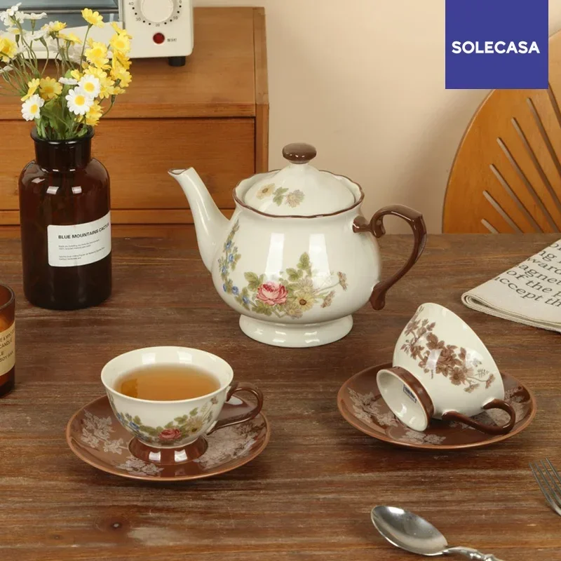 

SOLECASA Ceramic Teaware Set French Retro Style Rose Pattern Teapot Tea Cup & Saucers Afternoon Tea Porcelain Coffee Cup Kettle
