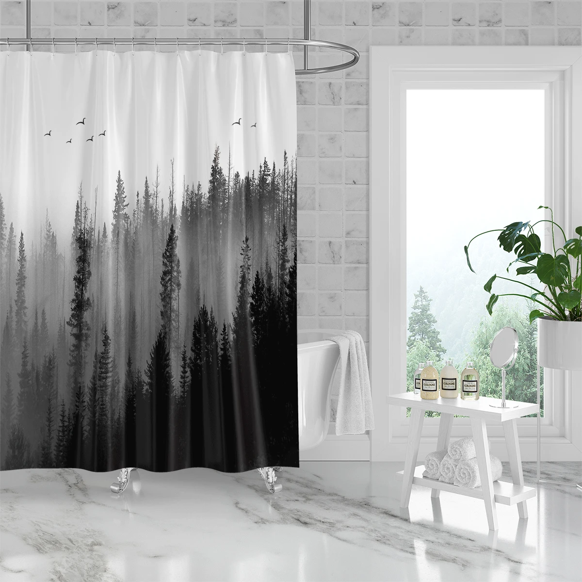 1 piece of 180x180cm natural scenery mist forest printed shower curtain partition, bathroom waterproof and mold resistant