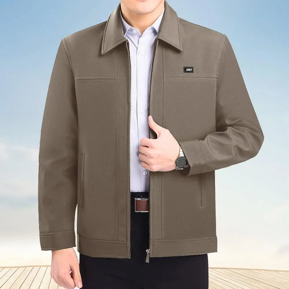 Men Winter Jacket Stylish Men\'s Lapel Jacket Thick Fleece Zipper Closure Casual Mid Length for Fall Spring Father Autumn Jacket