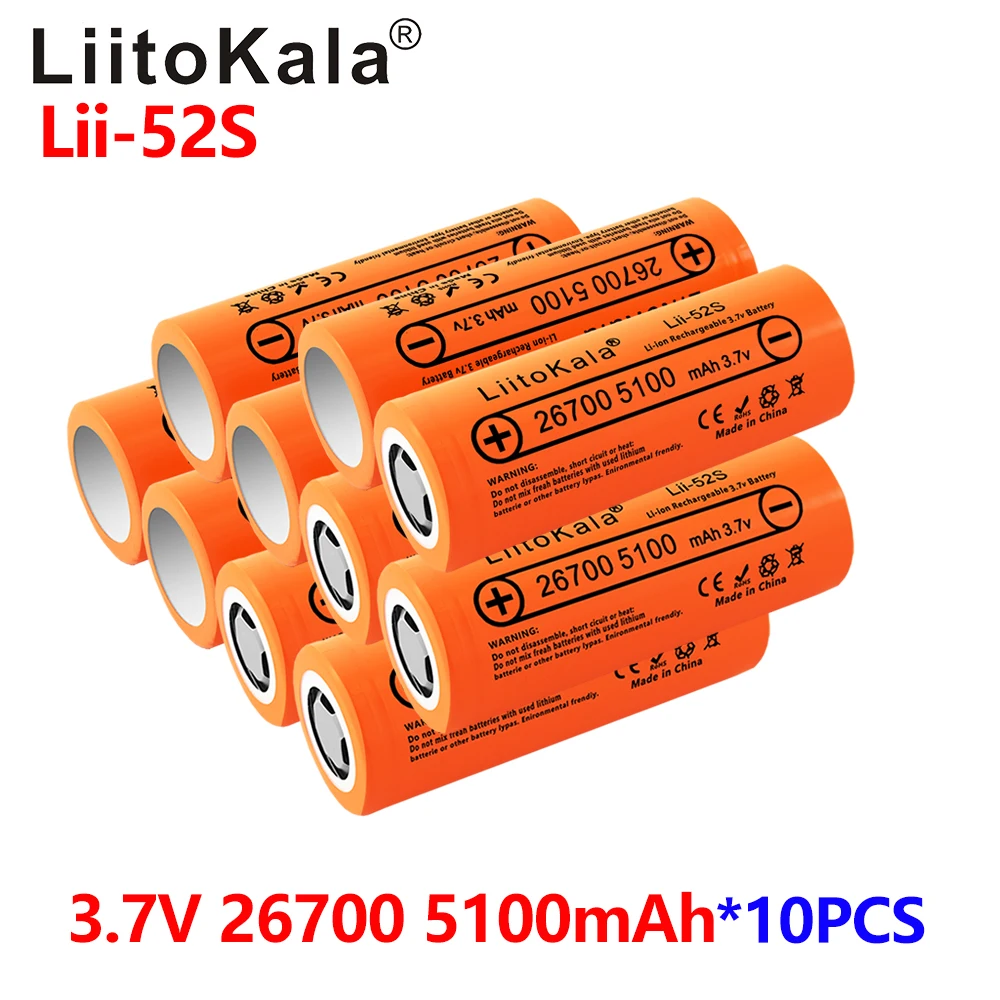 

10pcs LiitoKala Lii-52S 26700 5000mAh High Capacity 3.7v lithium battery for Flashlight power Bank Li-ion Rechargeable Battery