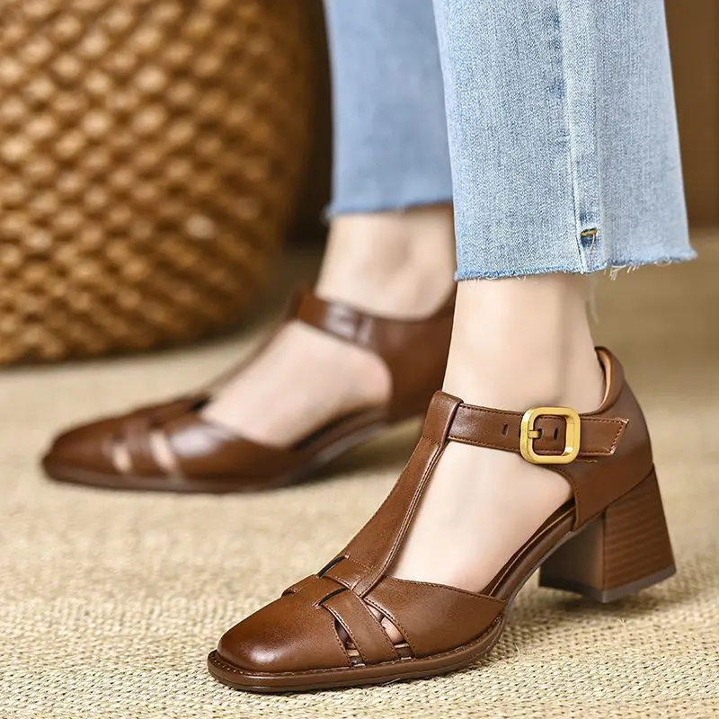 Neue 2026 Mode Echtleder-Sandalen für Damen mit Dicken Hohen Absätzen Büro-Kleiderschuhe Sommer-Damenschuhe Elegantes Schuhwerk – Detail 3