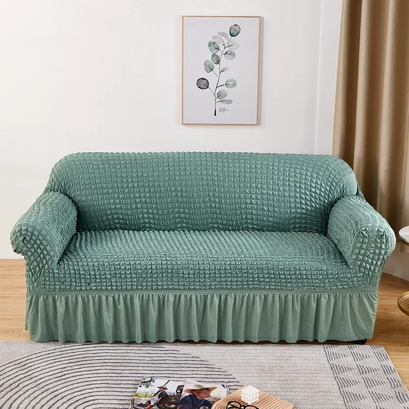 Solid Bubble Sofa Cover with Skirt Hem Dustproof Elastic Furniture Protector for All Seasons Cozy 1/2/3/4 Seater Seat Cushion