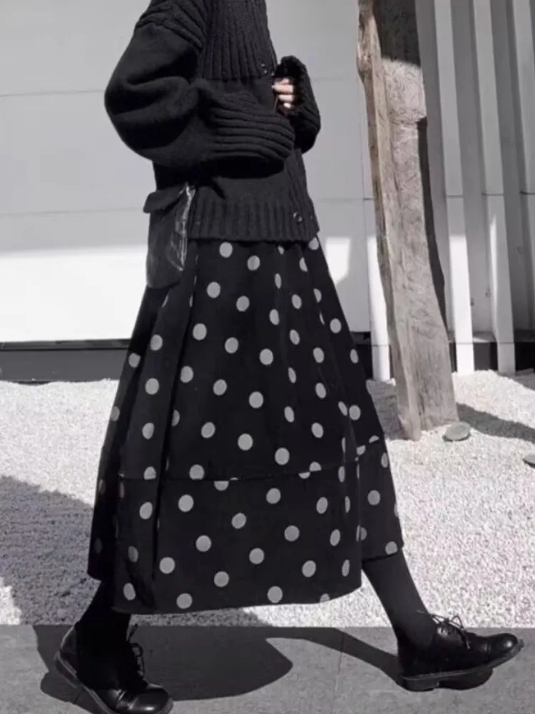 Oversized Corduroy Polka Dot Print Herfst Rok Vrouwen A-lijn Ruche Losse Geplooide Modis Dames Rokken Elastische Taille Vrouw Rokken