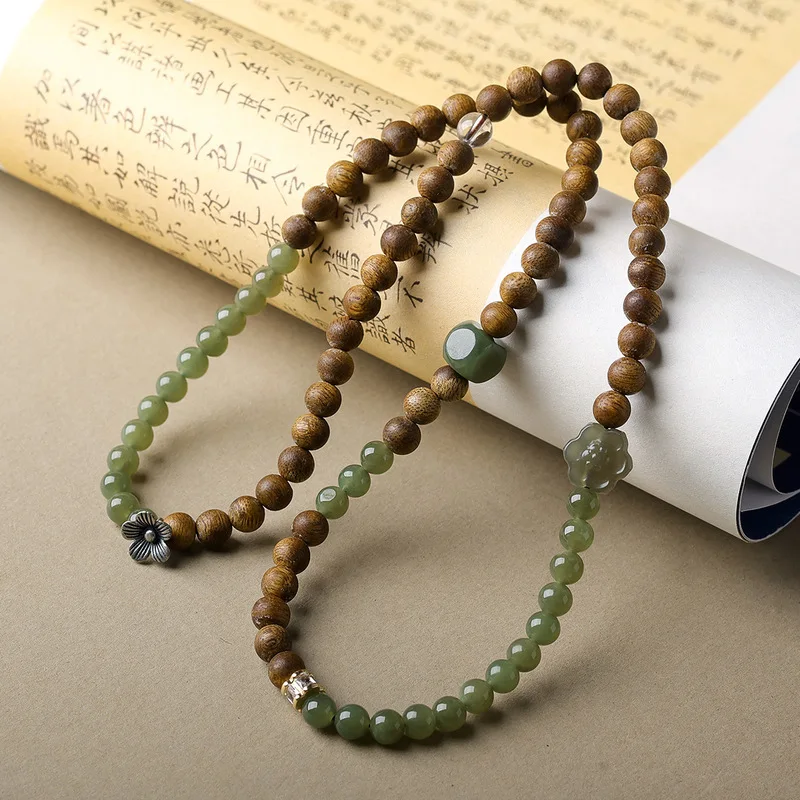 Natural Hetian jade, sugar cube-shaped small flower green agarwood, multi-strand bracelet antique-style 37 silver new Chines
