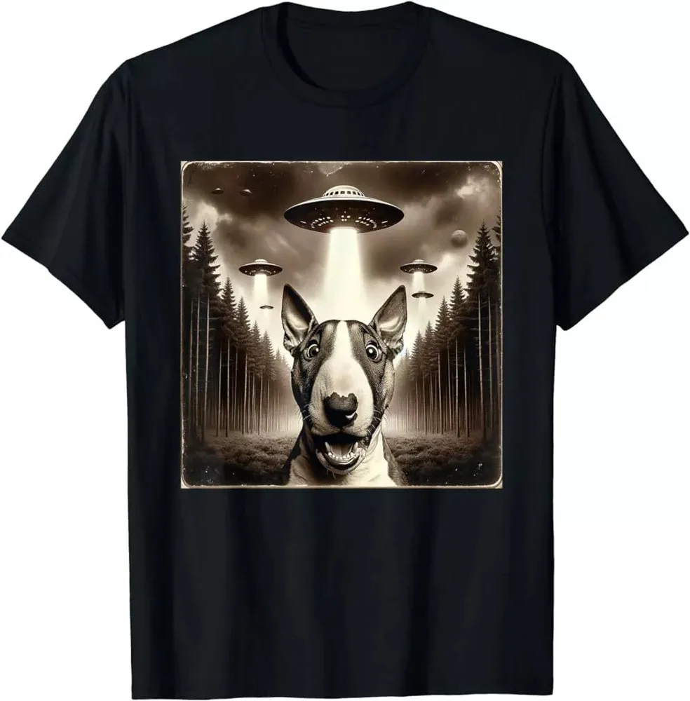 Funny Bull Terrier Selfie with UFOs Alien Men Women Dog Love T-Shirt, Unisex TeeHigh Quality 100%Cotton Short Sleeve