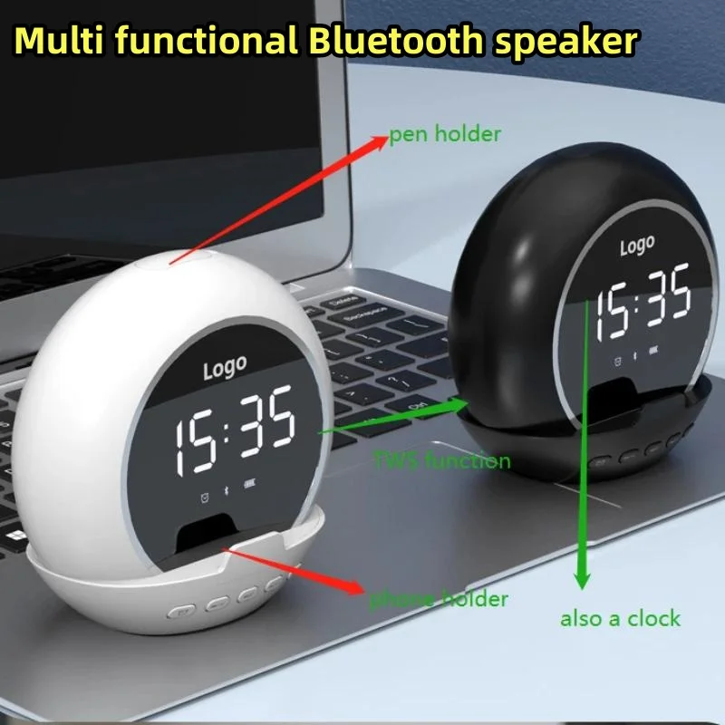 

Portable Bluetooth Speaker TWS ComputerHeavy Subwoofer Alarm Clock Thermometer Digital Mini Speaker with Mobile Phone Holder V5.