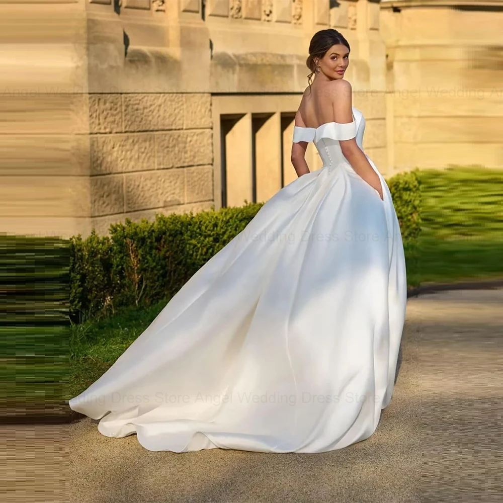 ANGEL فستان زفاف أنيق من الساتان للعروس 2025 مخصص ألين قبالة الكتف زي العرائس طول الأرض Vestidos De Novia