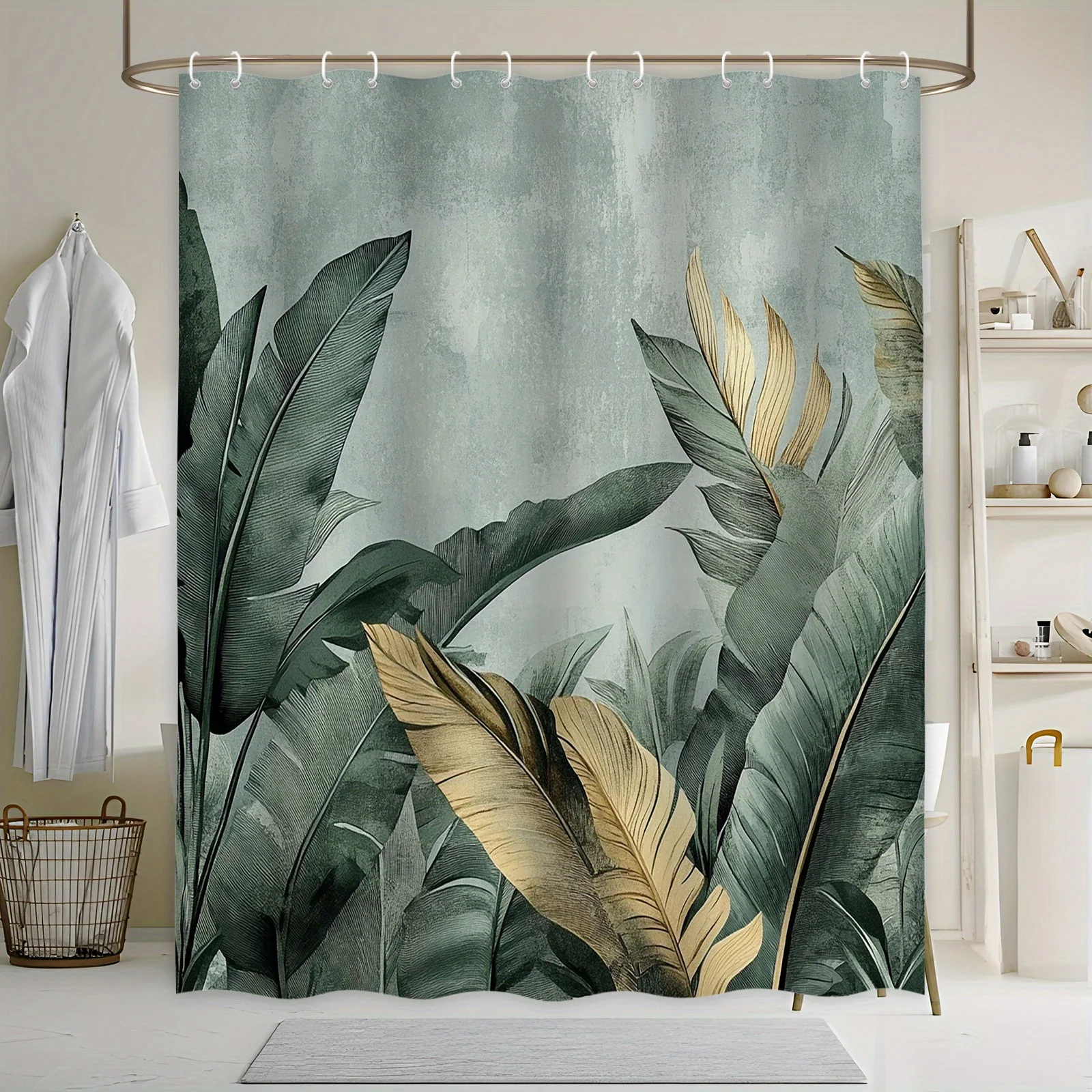 Lush Tropical Leaf Shower Curtain - Vibrant Green & Yellow on Teal, Nature-Inspired Design, Polyester,  Machine Washable