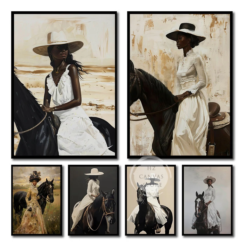 Póster de caballo negro de mujer negra, impresión de póster vintage de caballo negro, pintura en lienzo, arte de pared, imagen