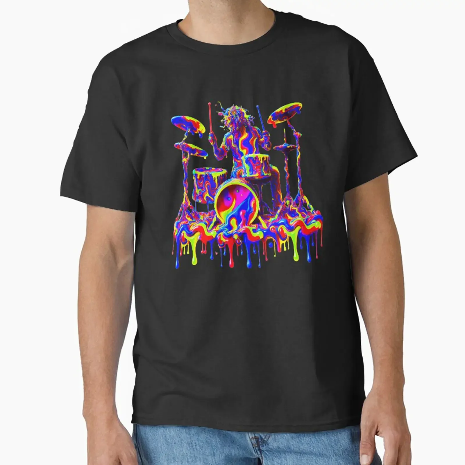 Psychedelic Surreal Drummer Explosion Trippy Dripping Drums Klassisches T-Shirt im Vintage-Stil, gewaschen, vielseitig, grafisch, weich, leicht