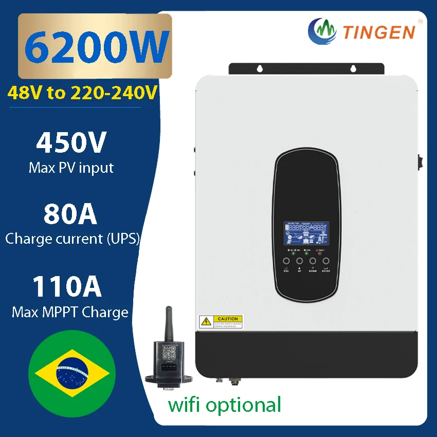 6200W Hybrid Inverter 48V Battery Voltage Built 110A MPPT Solar Charge Controller Pure Sine Wave Inverter AC 220/230/240V