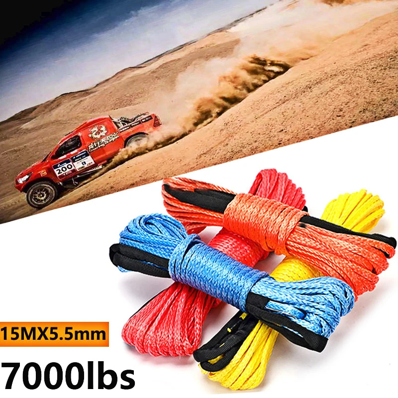 3/16'' x 50' Towing Ropes Synthetic Fiber Winch Line Cable Rope 7000+ LBs + Sheath For ATV UTV 5.5mm*15m Synthetic