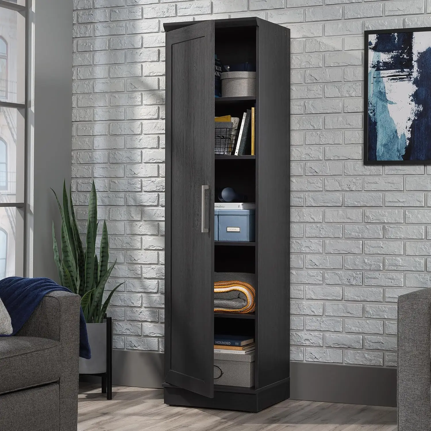 Slim Single Door Kitchen Pantry Cabinet with Adjustable Shelves for Living Room Storage, Raven Oak, Customized image 5