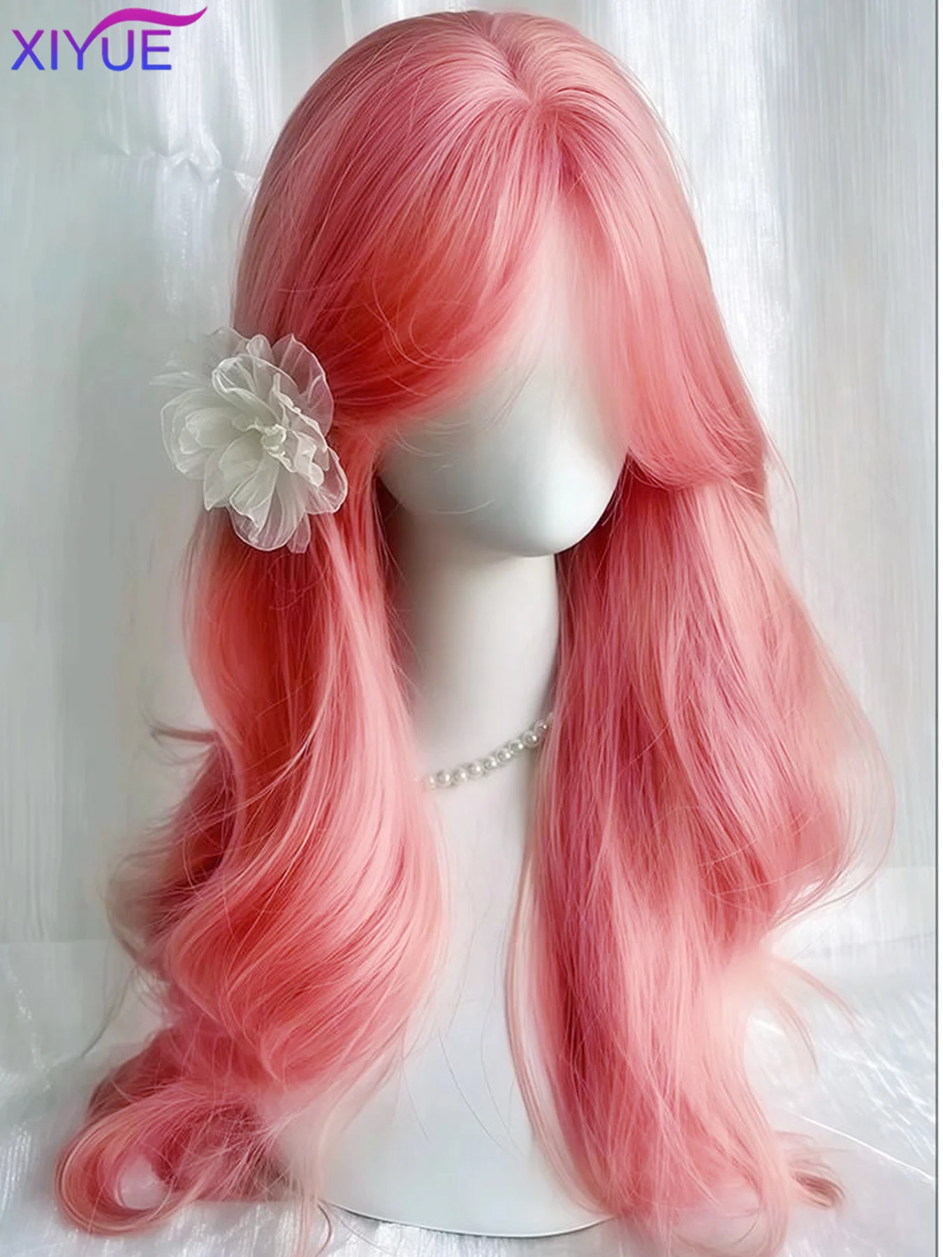 XIYUE Pink Wig Long Wavy Synthetic Wigs Middle Part Natural Wave Wig Heat Resistant Cosplay Party Daily Hair Wig Suitable Women