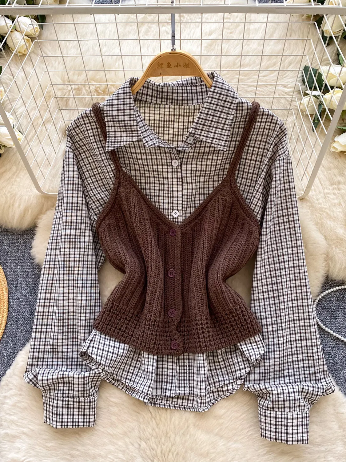 College Plaid Shirt Knitted Vest Two-piece Set Women's Spring and Autumn Casual Long Sleeve Plaid Shirts Suits - view 2