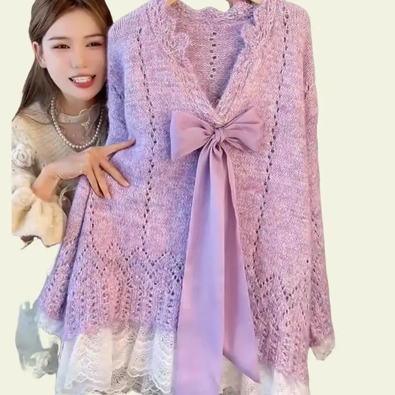 2026 Women Autumnwinter Sweet Western Style Bow Design Long Sweater Lazy Style Cute Soft Lace Splicingloose Comfort Knittedtops