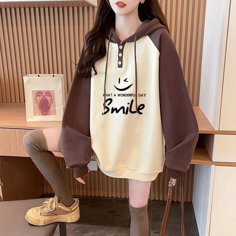 Women Hoodie Letter Print Fleece Sweatshirt Korean Streetwear Loose Pullover Autumn Winter Trendy Tops