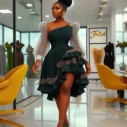 For African Women Long Sleeves Wedding Party Gowns High Low Appliques Pleats A Line Prom Dress Draped Evening Dresses