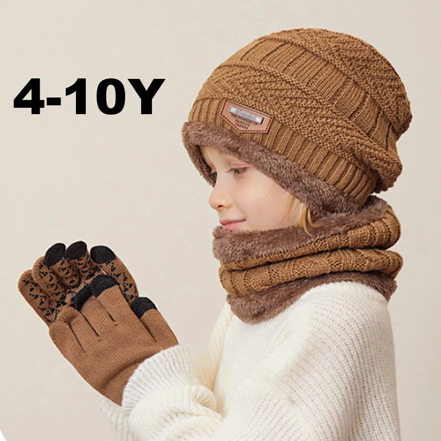 

boy 3pcs set winter hat snood gloves thickened fleece-lined plush lining winter beanies knit short scarf 4-10Y children hat set