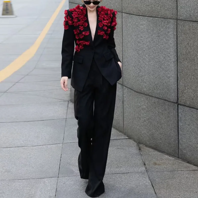 

Designer Two-Piece Set SS25 Women's Embroidered Rose Blazer High-Waist Straight Pants Sophisticated